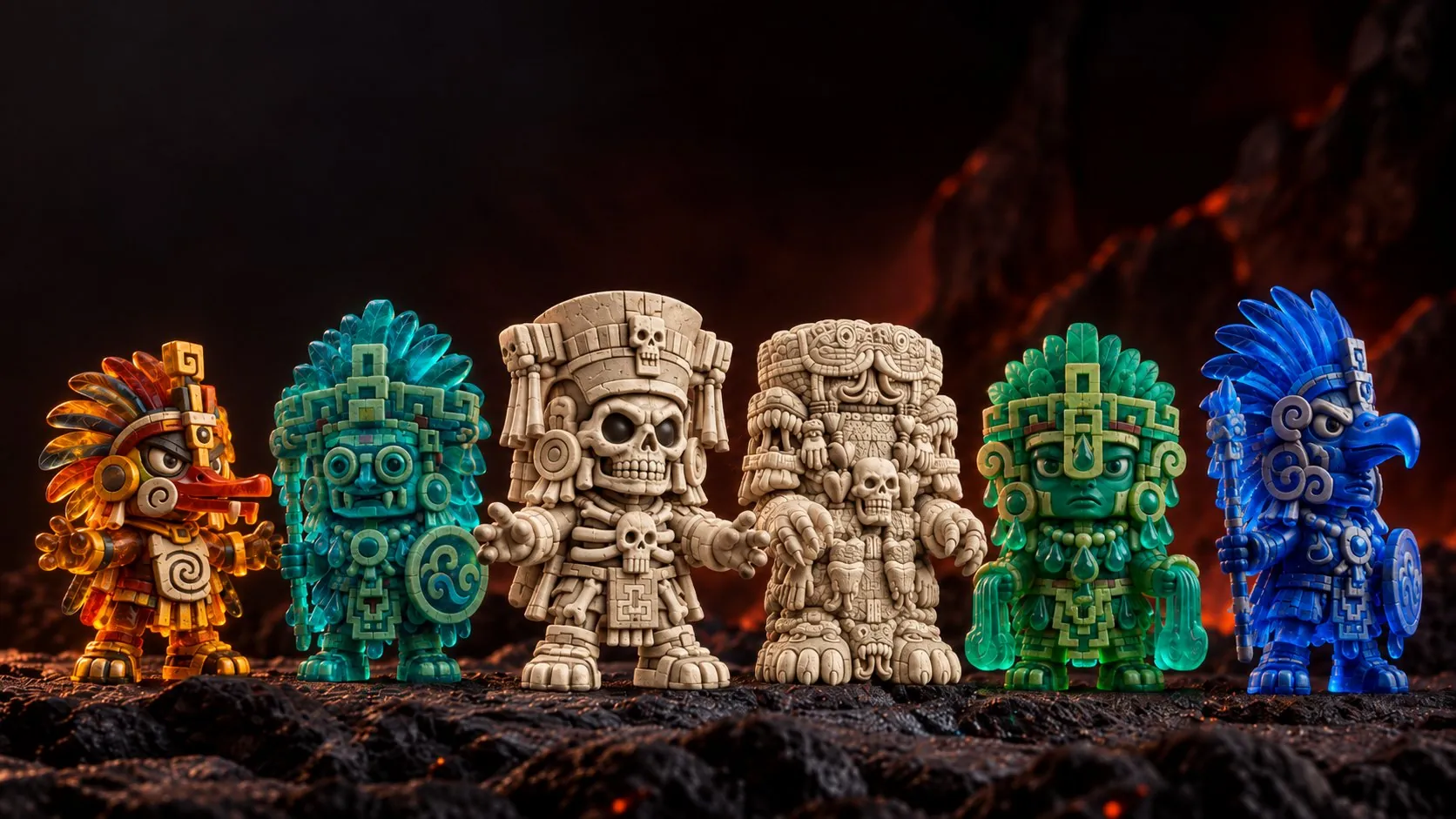 Seis figuras Tēteoh de la Serie I en resina translúcida y piedra, sobre roca volcánica